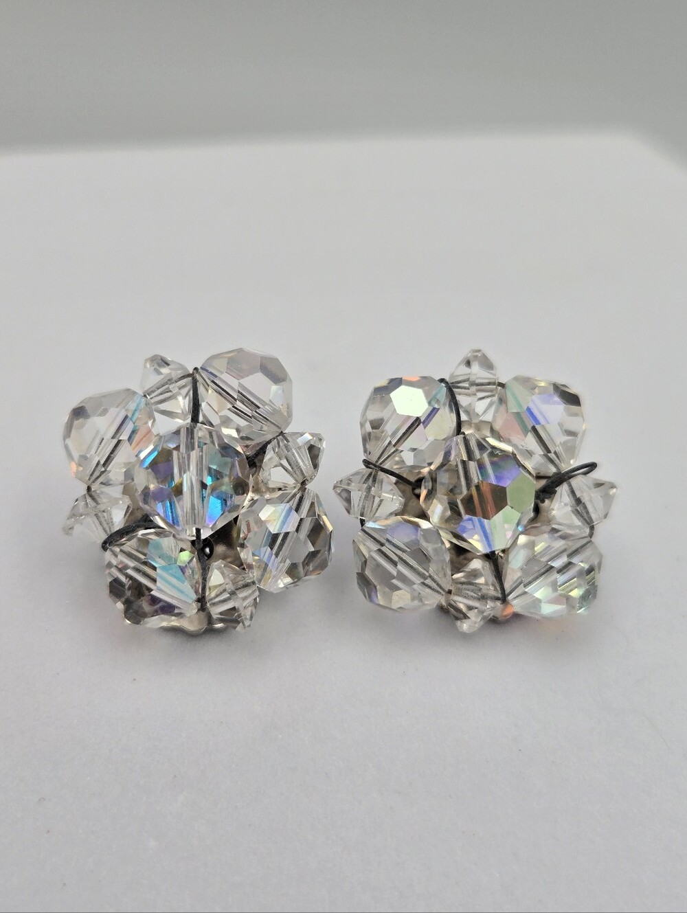 Vintage Aurora Borealis Crystal Cluster Clip-On Earrings AB Rhinestone 50s 60s